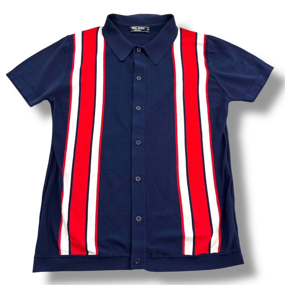 Paul Jones Retro Mens M Blue Red White Stripe Knit‎ Bowler Shirt Short Sleeve